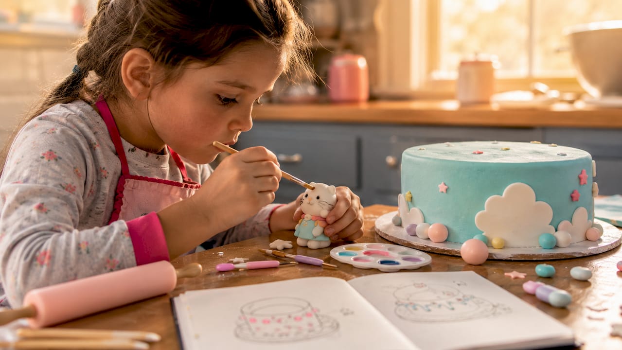 Manos dando los últimos toques al pastel de cumpleaños
