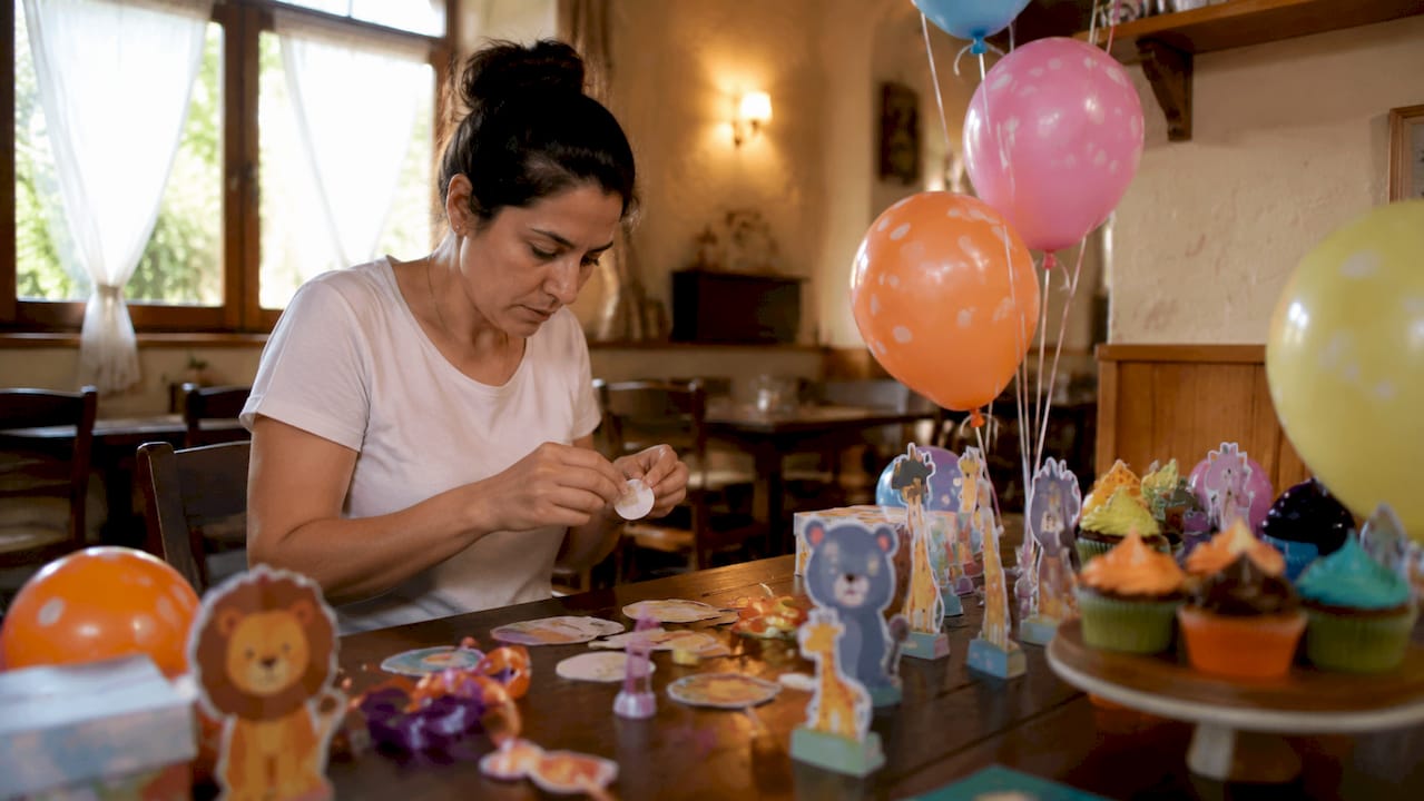 Senhora a preparar uma decoração personalizada para uma festa de crianças