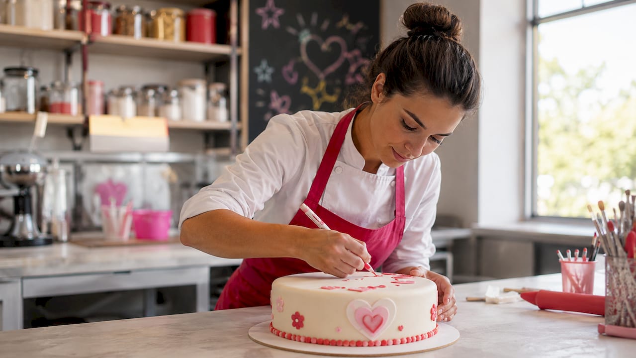 Manos decorando una tarta con un rotulador de tinta comestible