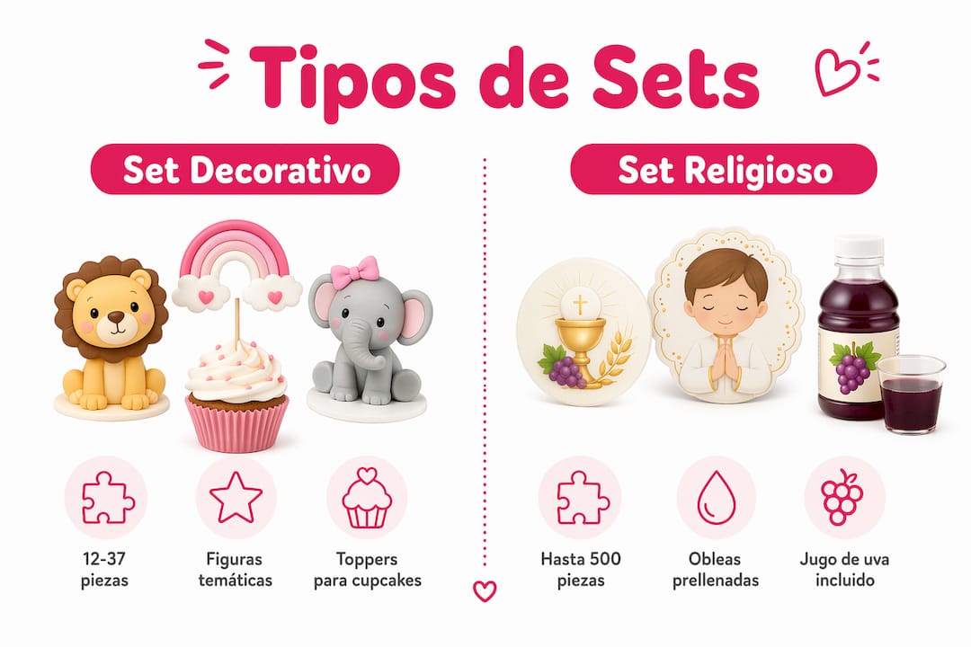 Infografía que compara diferentes tipos de sets de obleas: decorativos y religiosos