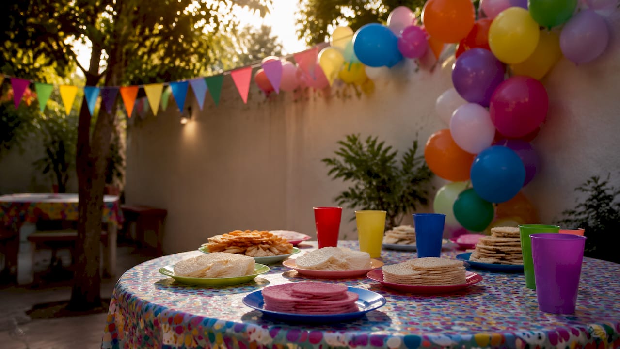 Mesa de festa com doces decorados com folha de hóstia comestível