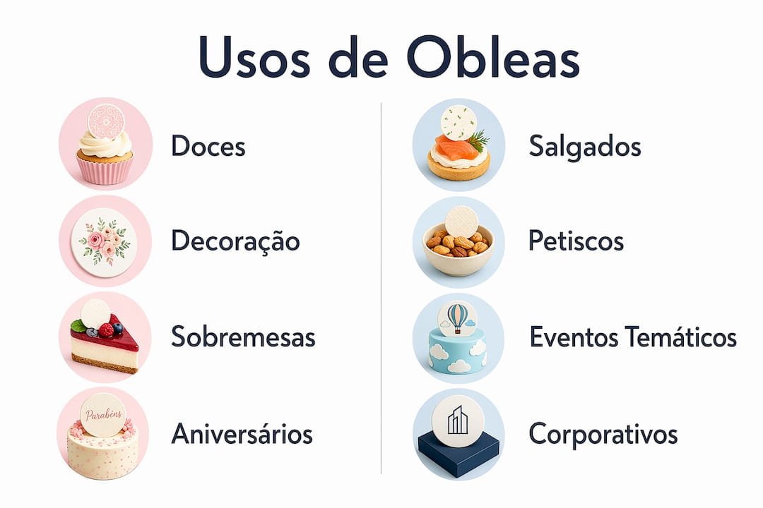 Infográfico com sugestões de como usar obleas em festas, tanto em receitas doces como salgadas.