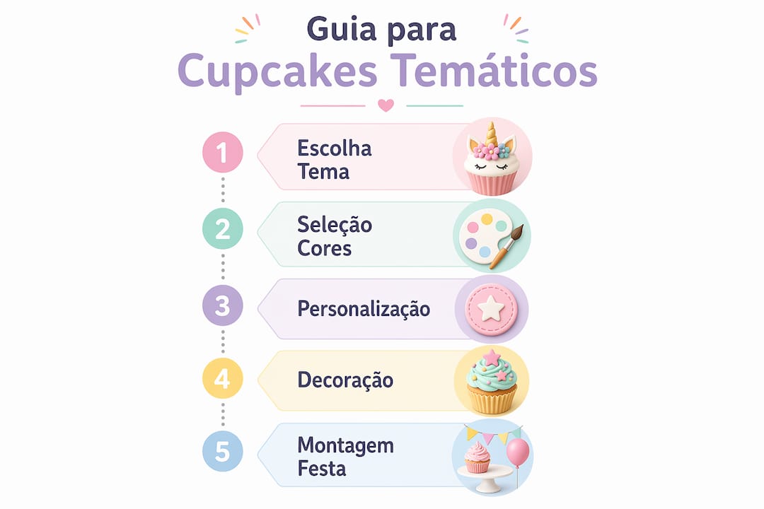 Guia visual com todos os passos para preparar cupcakes temáticos