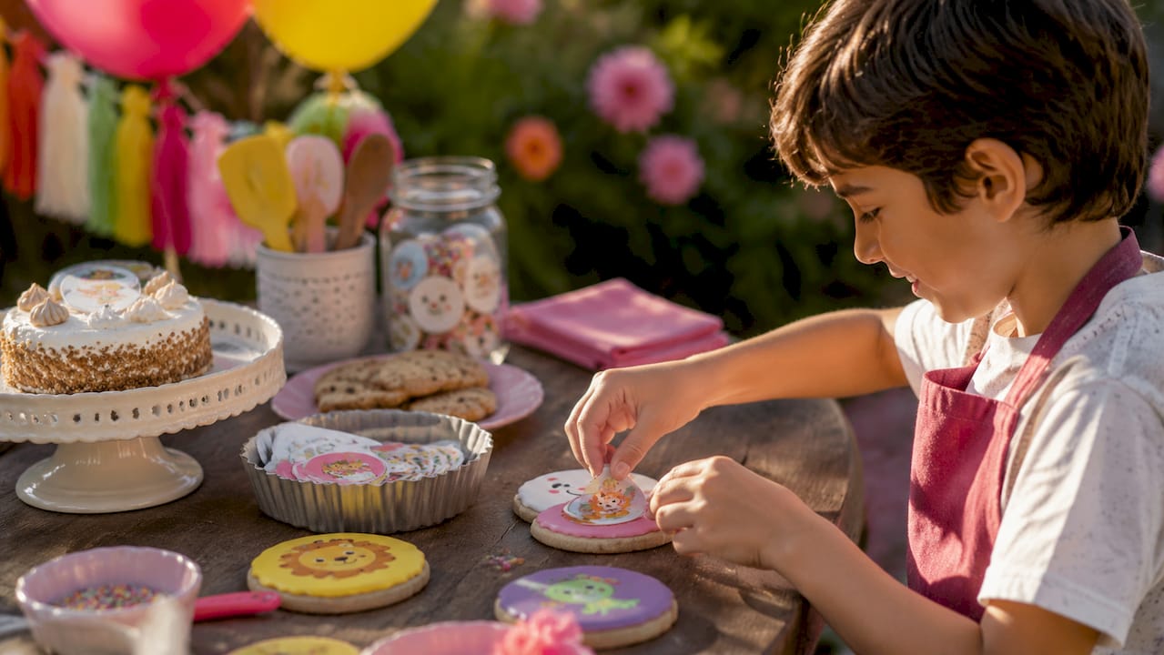 Unas manos decoran un cupcake con una oblea durante una fiesta.