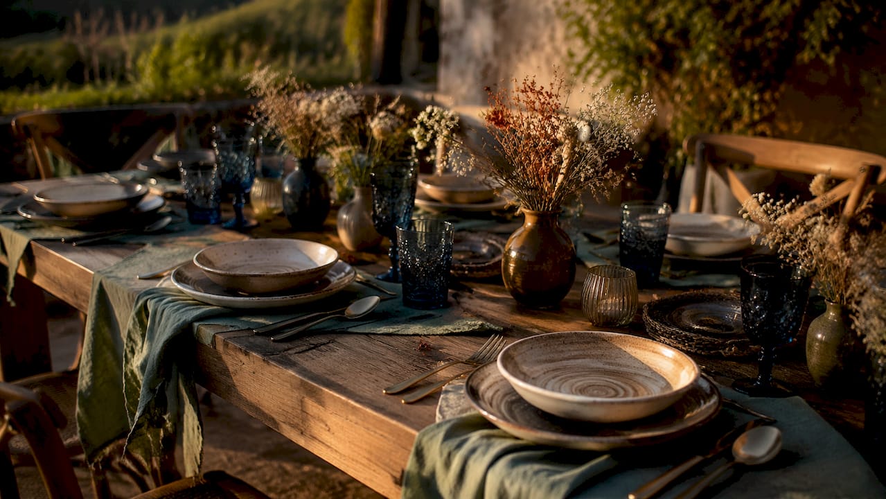Conjunto de artigos de decoração para festas em tons terra, dispostos de forma harmoniosa