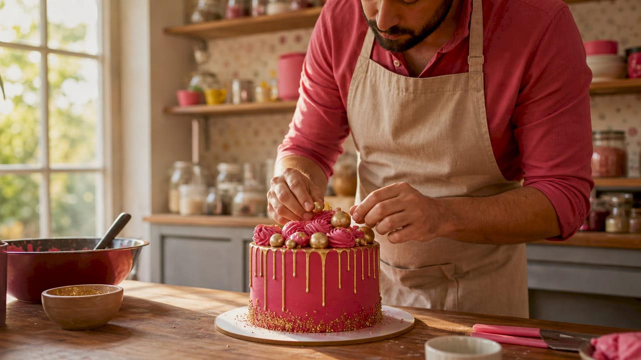 Unas manos colocando una tarta de aniversario personalizada sobre la mesa