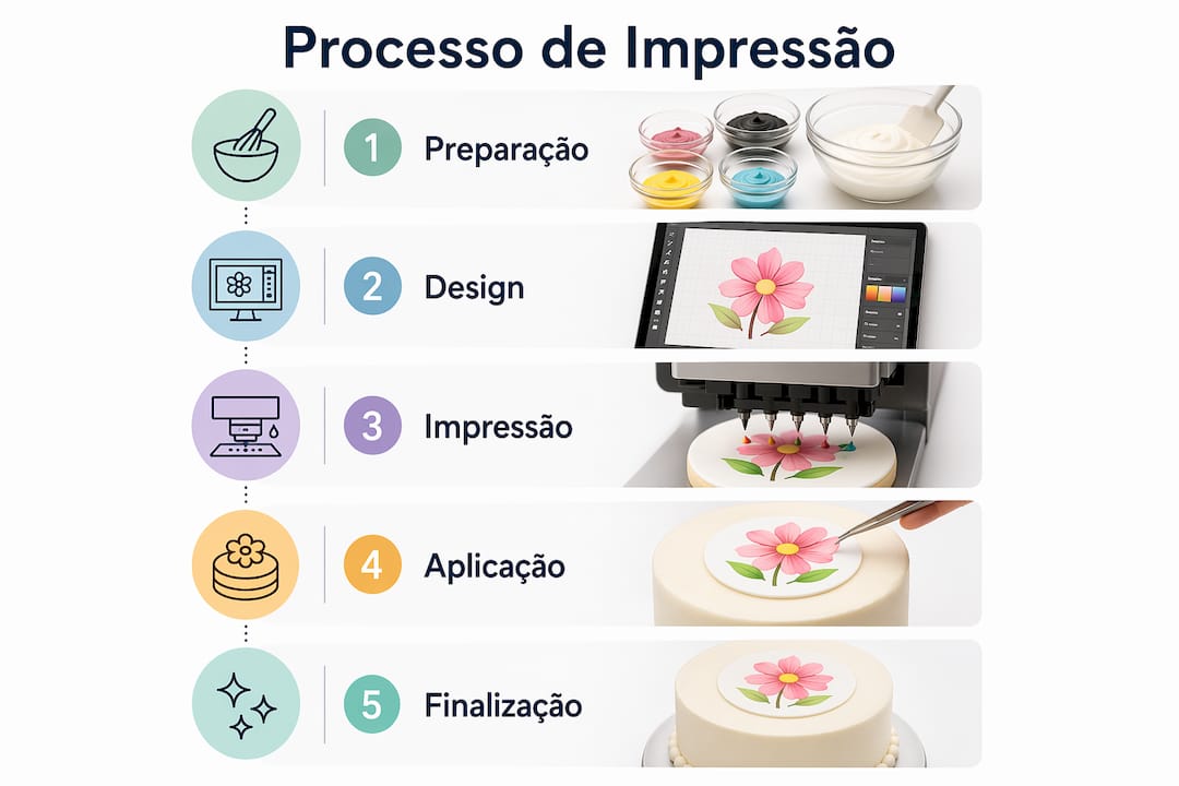 Infográfico a ilustrar as diferentes fases do processo de impressão personalizada de alimentos