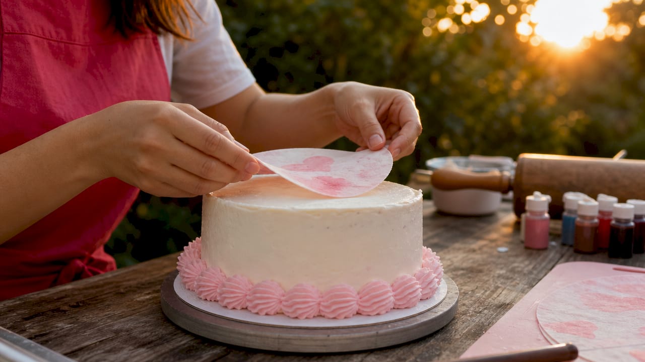 Unas manos acomodan con delicadeza un topper de papel de azúcar sobre el pastel.