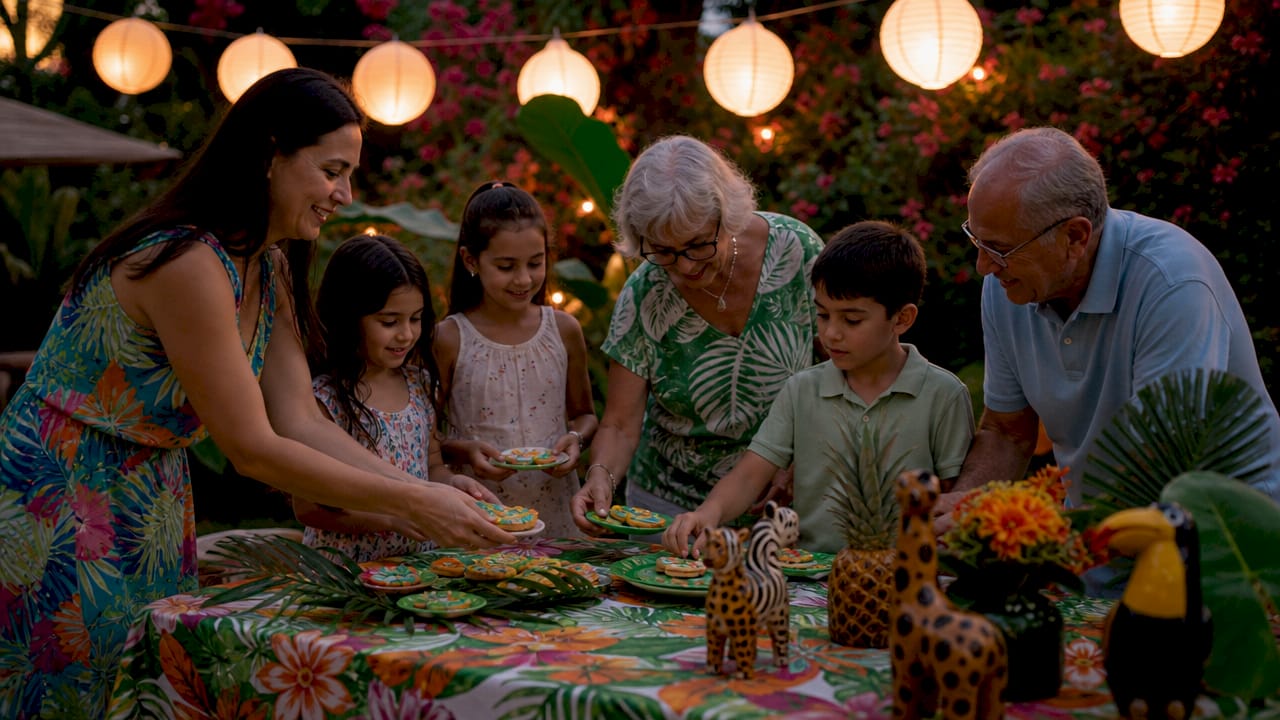 Mesa de aniversário com decoração safari, ideal para miúdos e graúdos