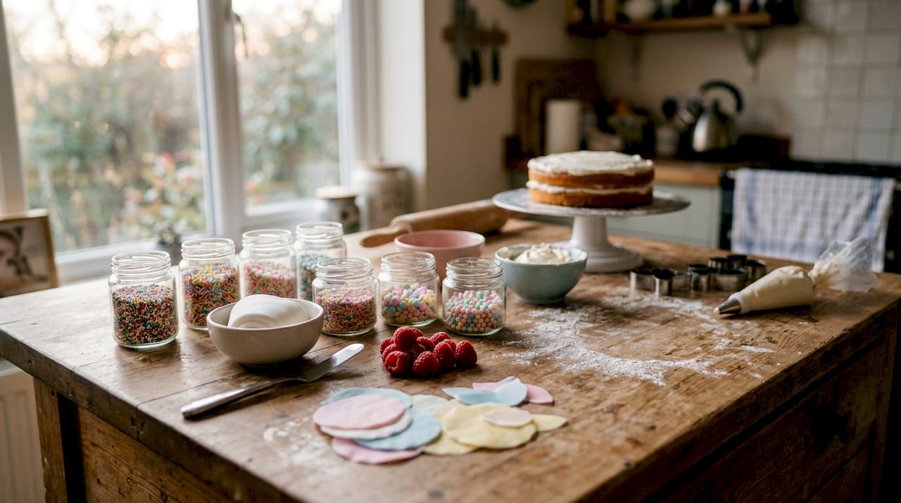 Na mesa estão dispostos os ingredientes e as decorações para um bolo de aniversário infantil.