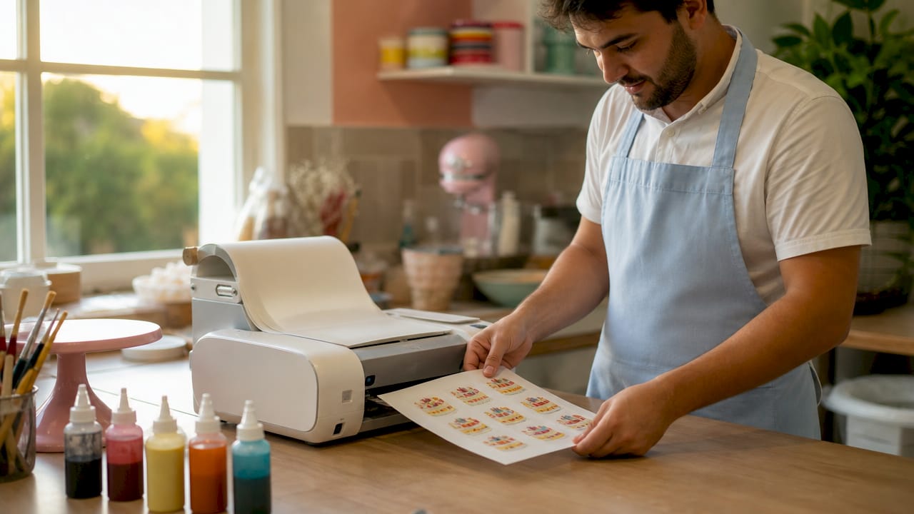 Imagem em detalhe de uma impressora alimentar a criar uma folha de açúcar personalizada.