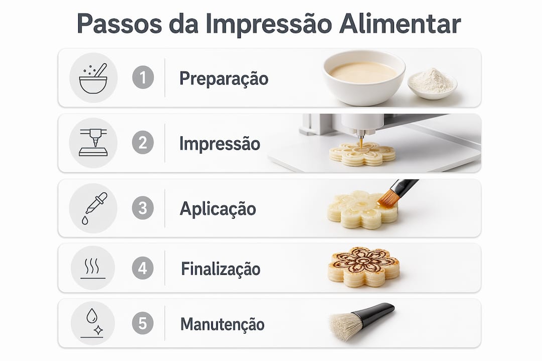 Infográfico que explica, passo a passo, como funciona o processo de impressão de alimentos