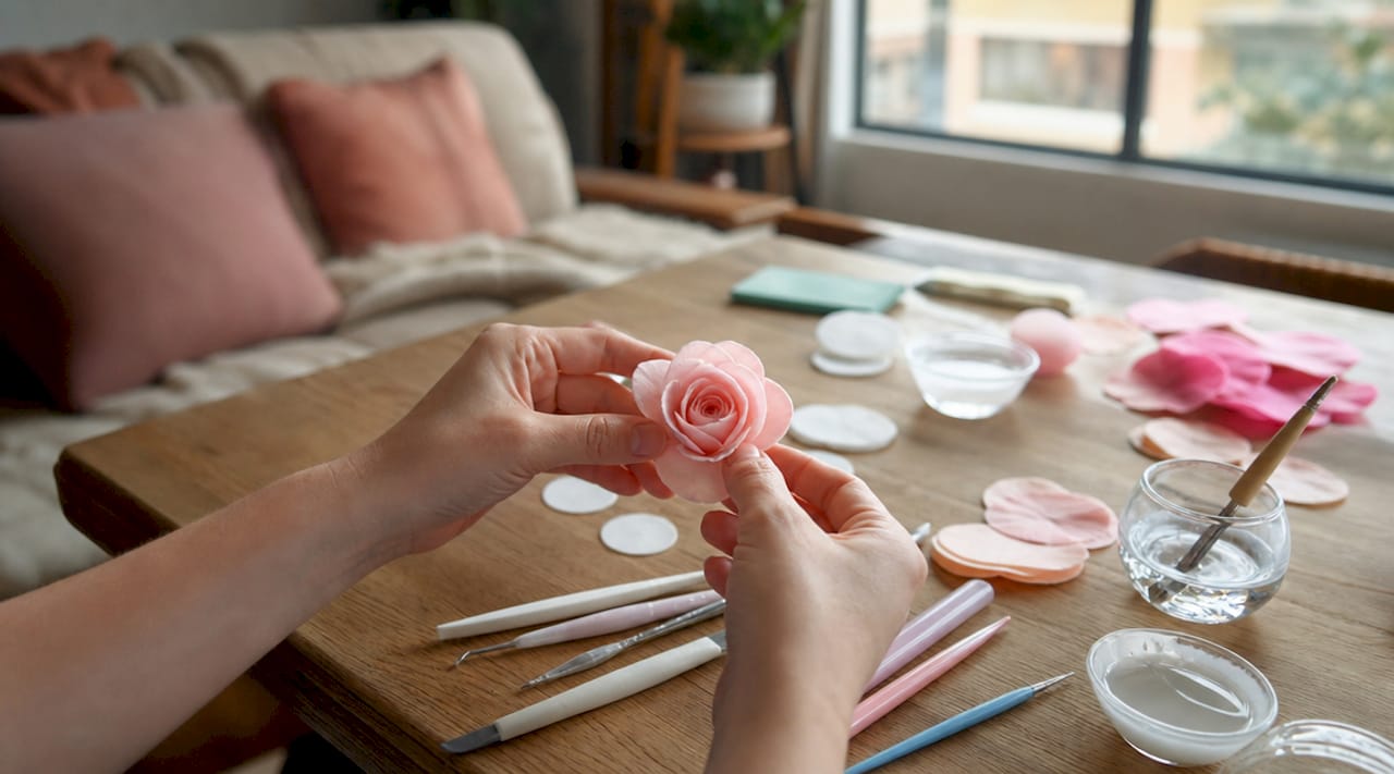 Mãos a dar forma a flores feitas de hóstia comestível