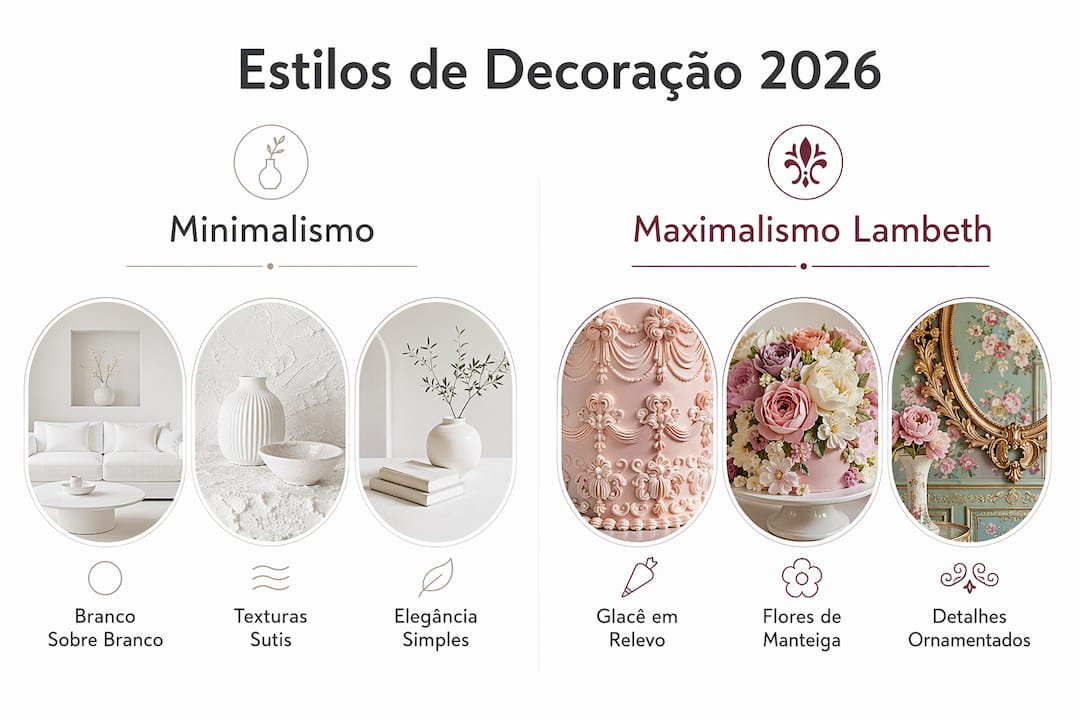 Comparativo visual entre o minimalismo e o maximalismo para 2026