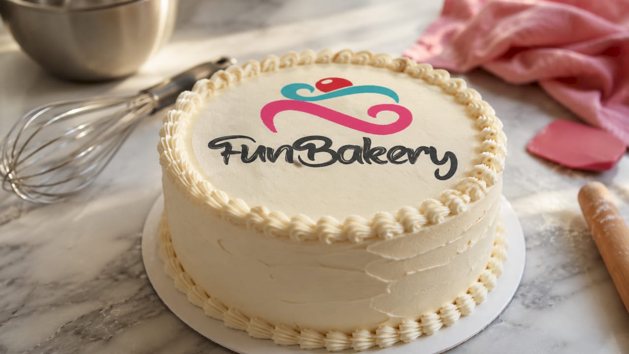 Detalle de una oblea personalizada decorando un pastel cubierto de fondant