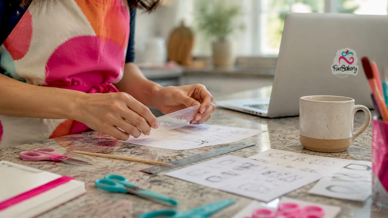 Manos eligiendo y combinando estilos de letras para decorar tartas con ayuda de plantillas