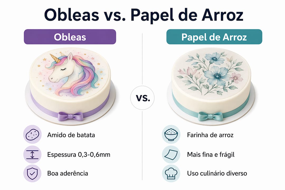 Infográfico que destaca as principais diferenças entre obleas e papel de arroz na decoração de bolos