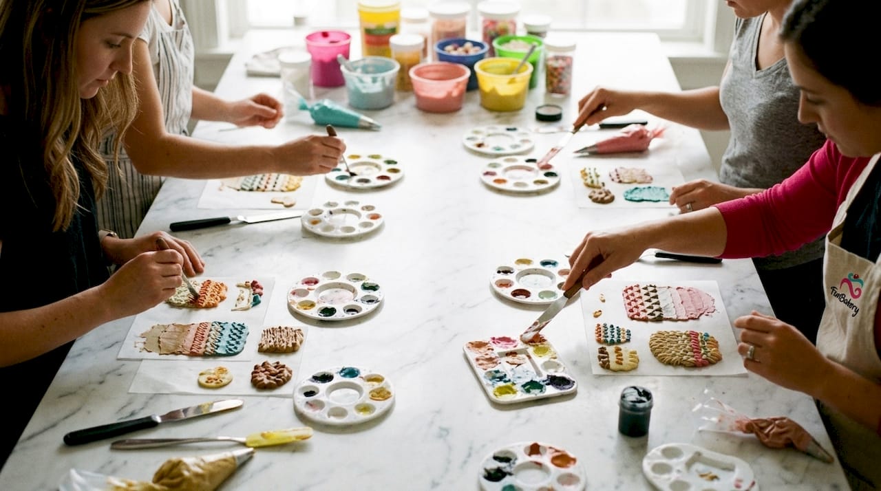 Manos sosteniendo muestras de colores y sabores para decorar tartas