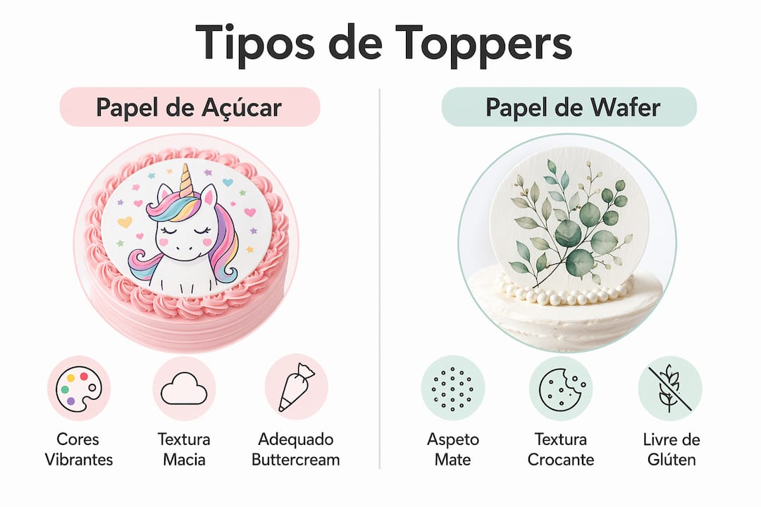 Infografia: comparação entre os dois principais tipos de toppers comestíveis