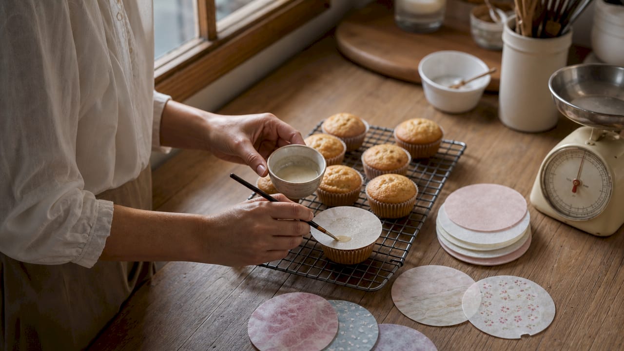 Mãos a pintar folhas comestíveis para decorar queques