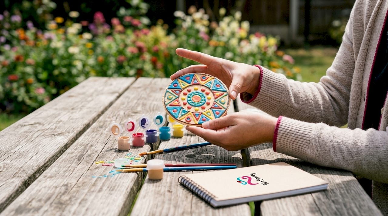 Manos sosteniendo una oblea decorada con intrincados diseños geométricos