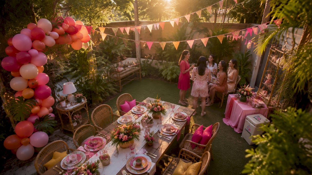 Una fiesta ambientada con detalles tropicales, donde los invitados disfrutan charlando y pasando un buen rato juntos.