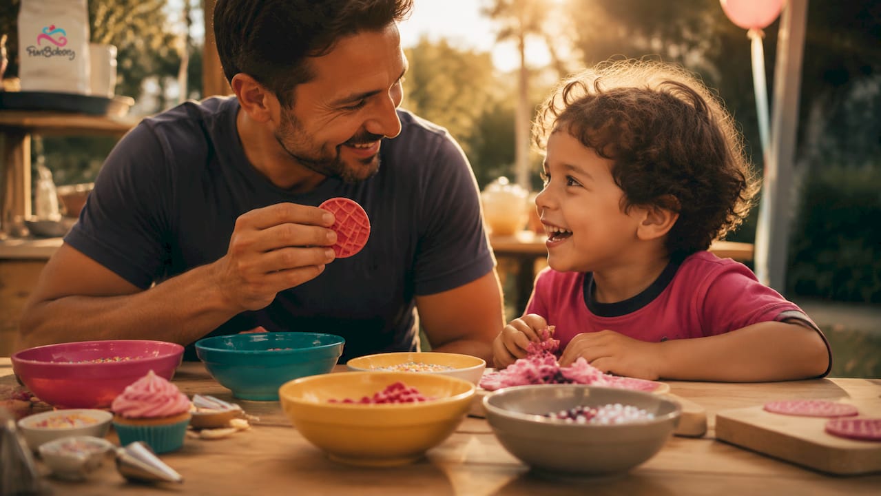 Un adulto le enseña una oblea roja a un niño que sonríe con entusiasmo.