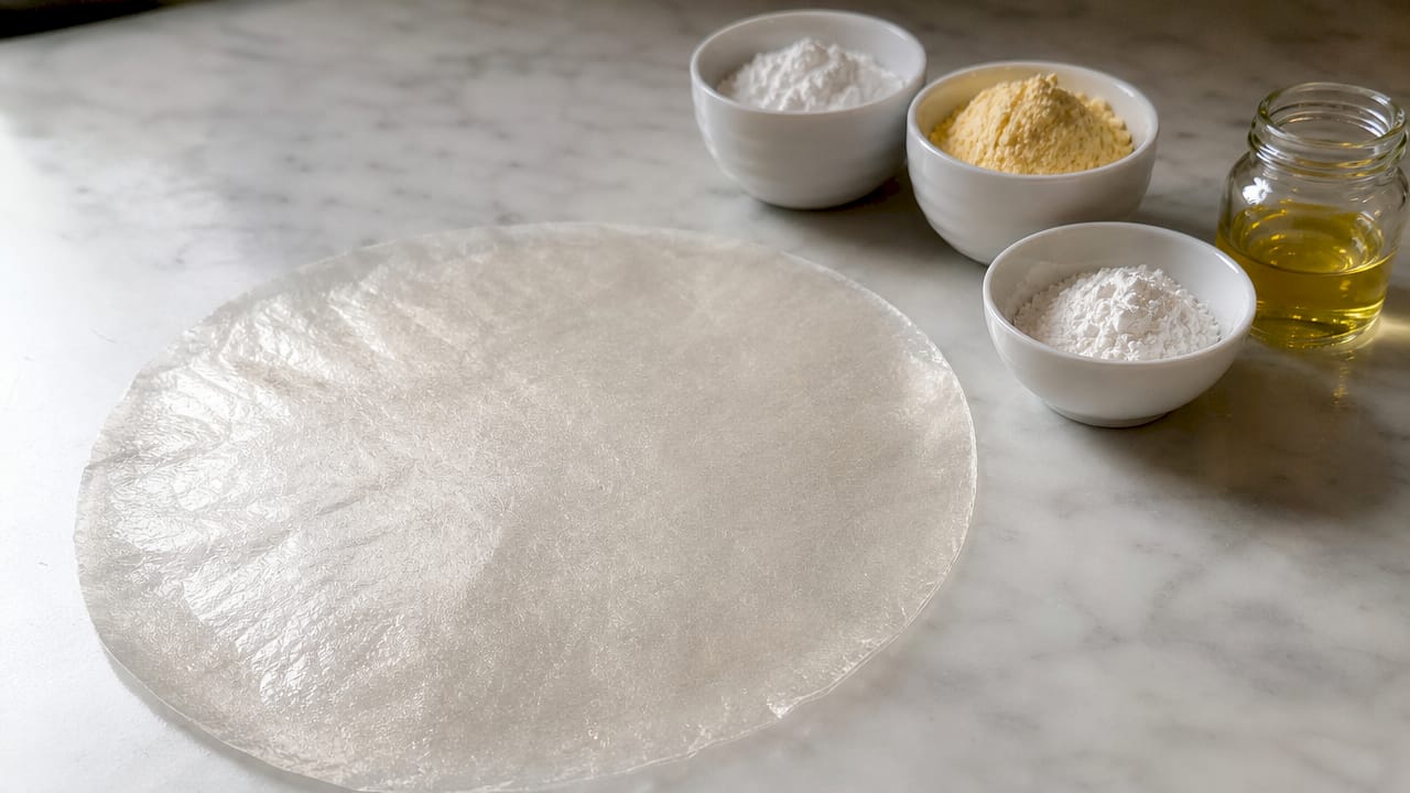 Detalhe da textura e dos ingredientes do papel de arroz comestível