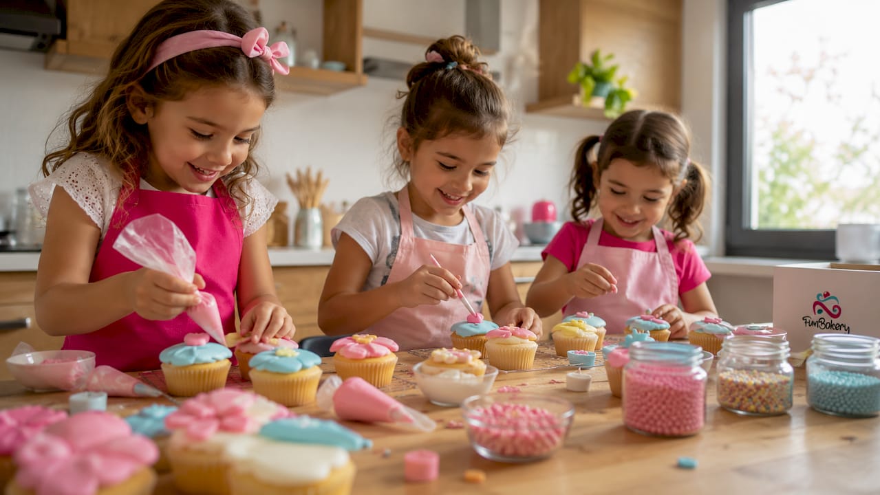 Un grupo de niñas se divierte decorando cupcakes con todo tipo de adornos y toppings.