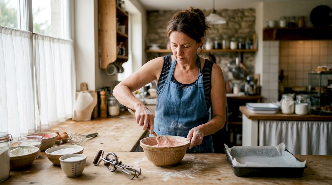 Mãos de adultos a misturar os ingredientes para a base do bolo na cozinha.
