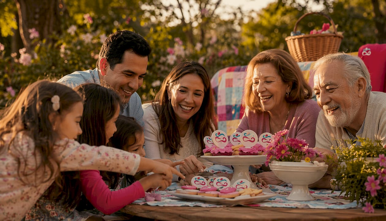 Una familia compartiendo un momento dulce con postres decorados con obleas personalizadas.