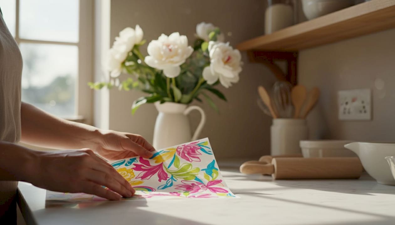 Mãos a segurar folha de papel comestível de açúcar