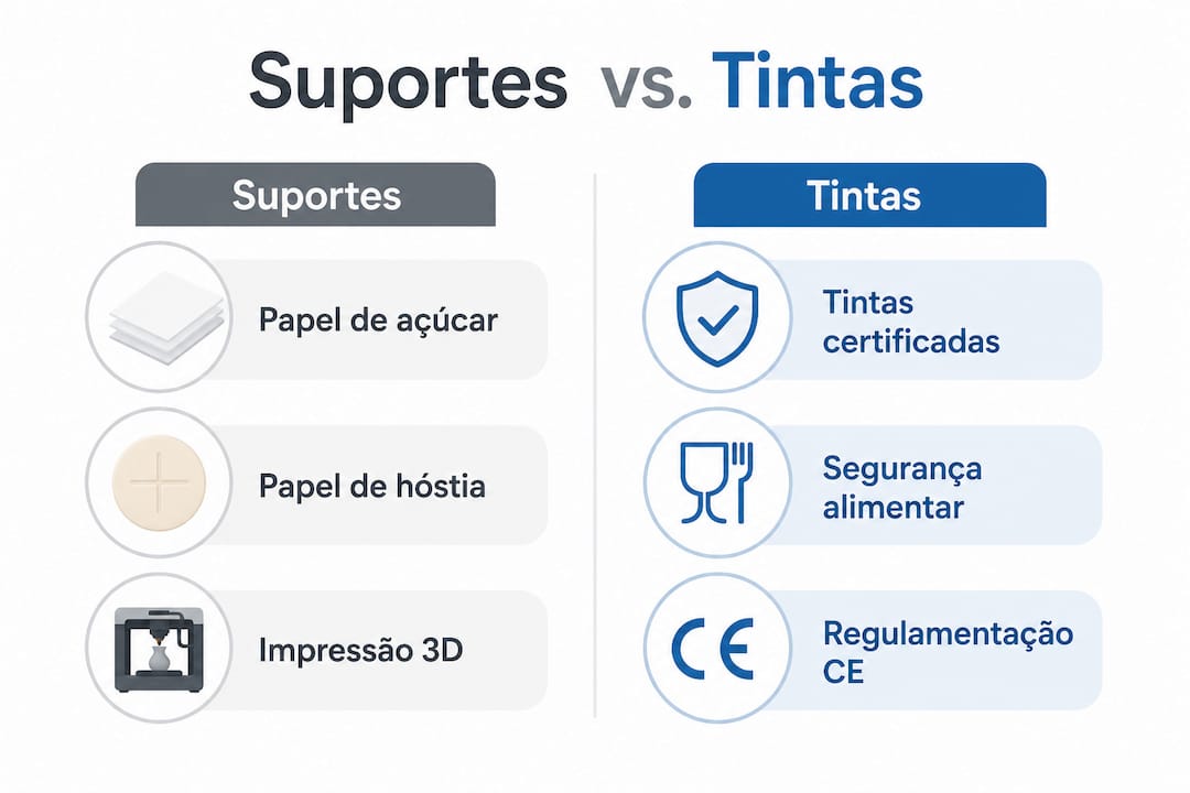 Infográfico que compara diferentes tipos de materiais e tintas utilizados na impressão alimentar