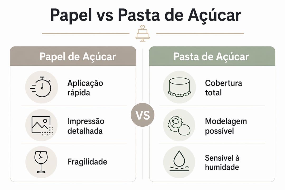 Infográfico: diferenças entre papel de arroz e pasta de açúcar na decoração de bolos