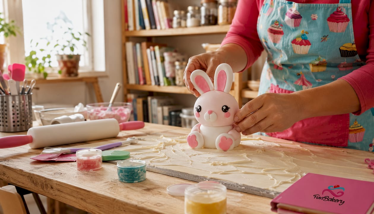 Manos dando forma a una figura kawaii con fondant