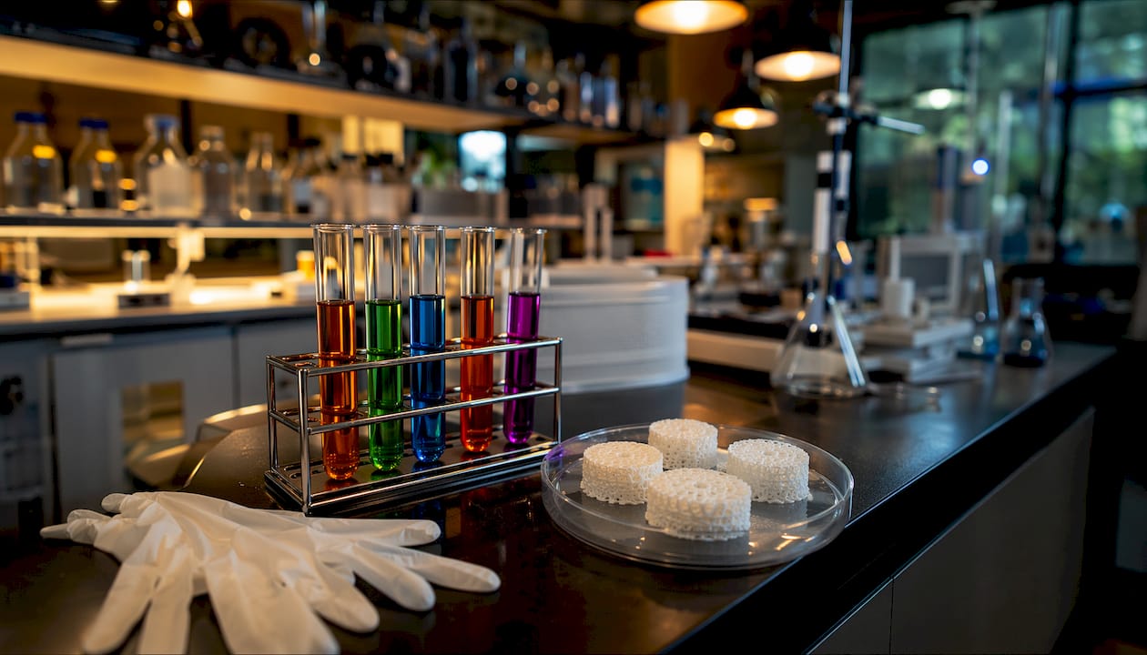 Um laboratório de última geração, com obleias e tecnologia avançada dedicada à investigação em nanoencapsulação.