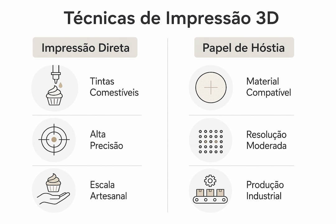 Comparativo visual das principais técnicas de impressão 3D aplicadas a obreias alimentares