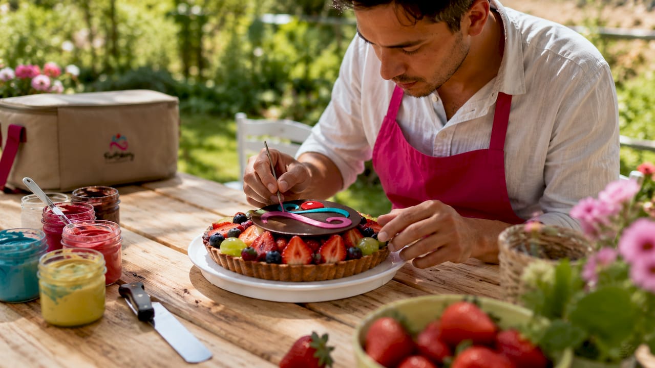 Primer plano de unas manos colocando una oblea personalizada sobre una tarta