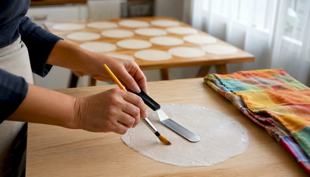 Mãos a operar máquinas de pastelaria para produzir obleias