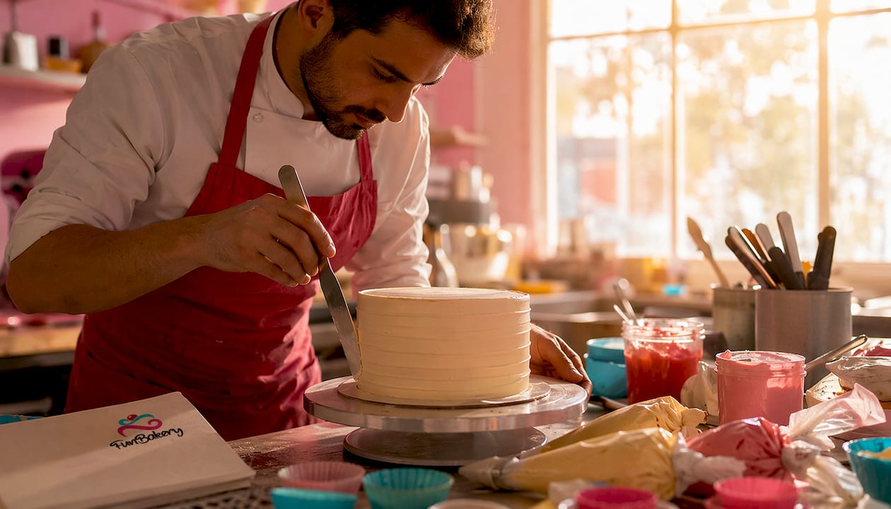 Unas manos expertas dan los últimos toques a un pastel con una espátula en una cocina profesional.
