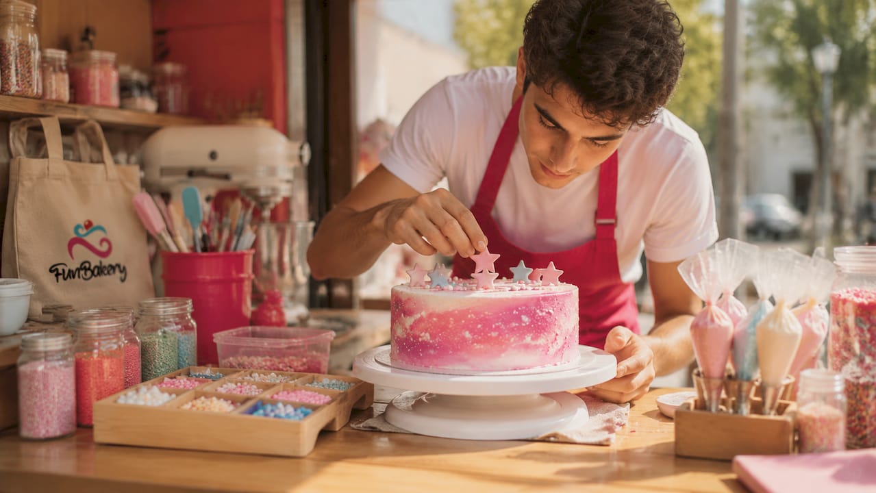 Repostero dando el toque final a una tarta con decoraciones comestibles hechas a medida