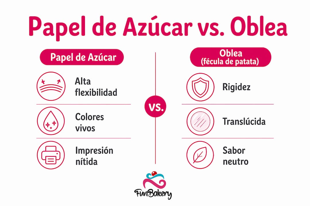 Comparativa visual entre las principales características del papel de azúcar y la oblea