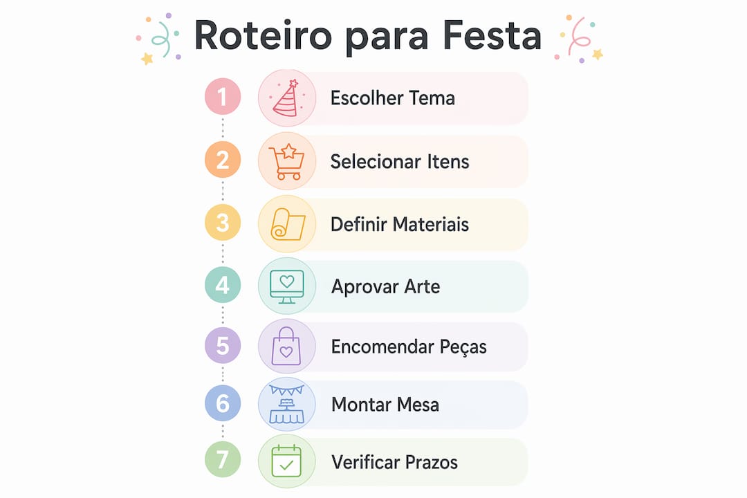 Guia visual com os principais passos para organizar uma festa à sua medida