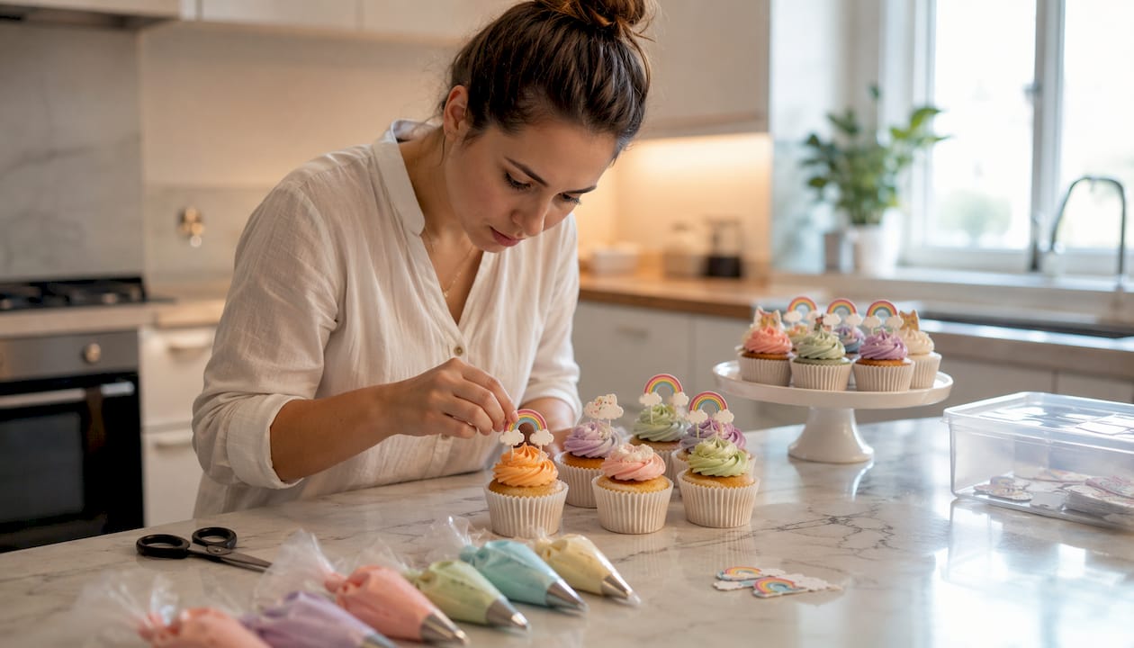 Pessoa a decorar cupcakes com toppers personalizados