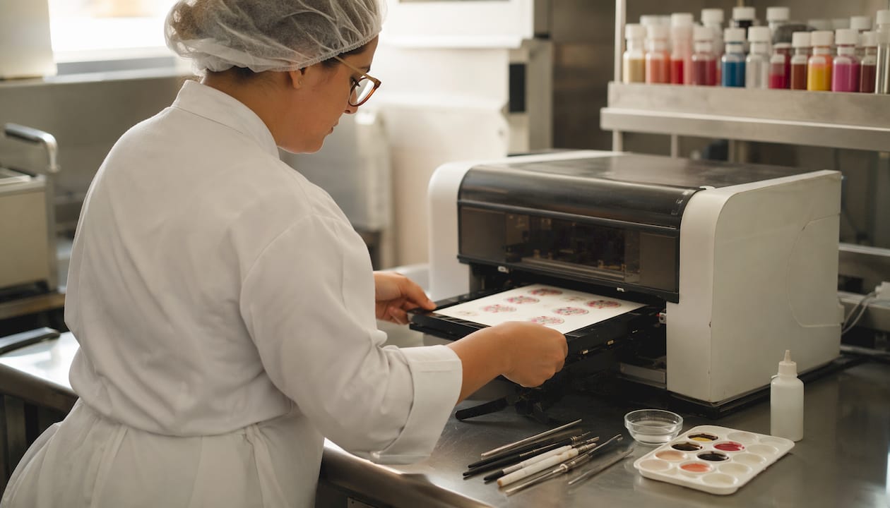 Mãos a manusear uma impressora industrial de tinta comestível