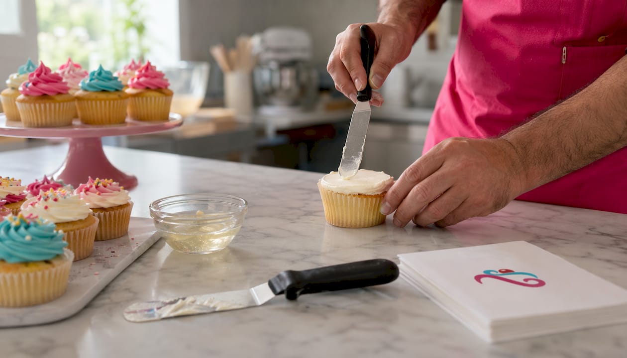 Preparando magdalenas con buttercream mientras se hacen fotos del proceso