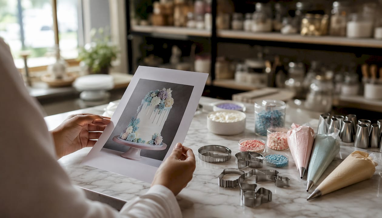 Mãos a verificar com atenção a decoração de um bolo na pastelaria