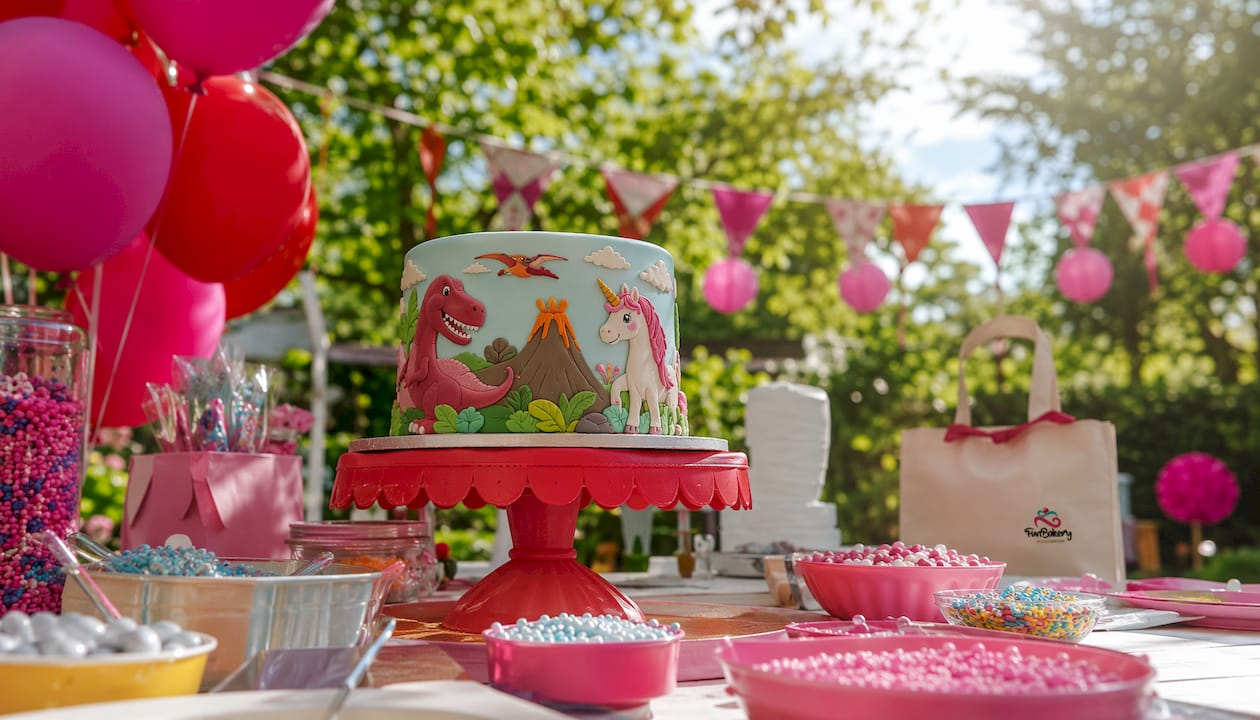 Pastel para niños decorado con personajes y flores en papel de azúcar