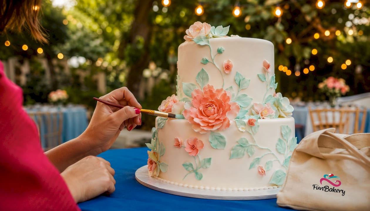 Tarta de boda decorada con láminas de azúcar y motivos florales en acuarela