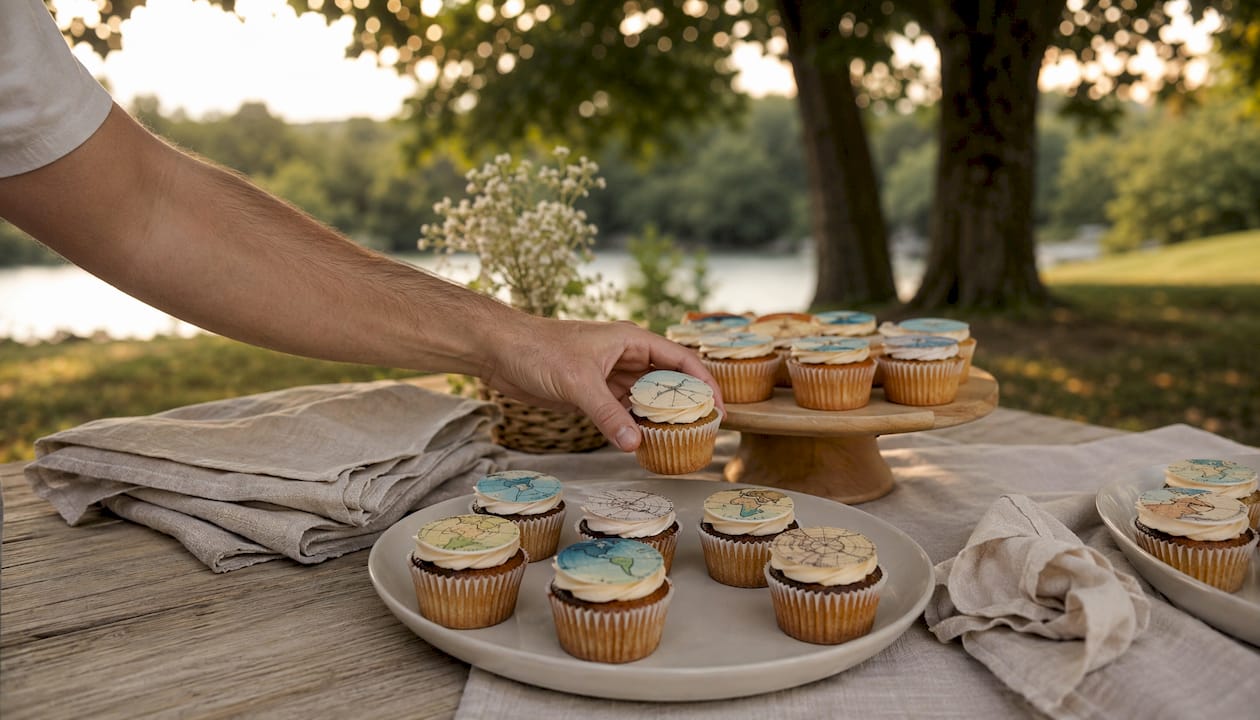 Cupcakes decorados com obleias inspiradas em viagens, dispostos numa mesa requintada.